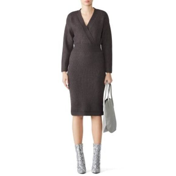 MOON RIVER Faux Brown Sweater Long Sleeves V-Neck Wrap Dress Size Extra Small - Picture 1 of 14